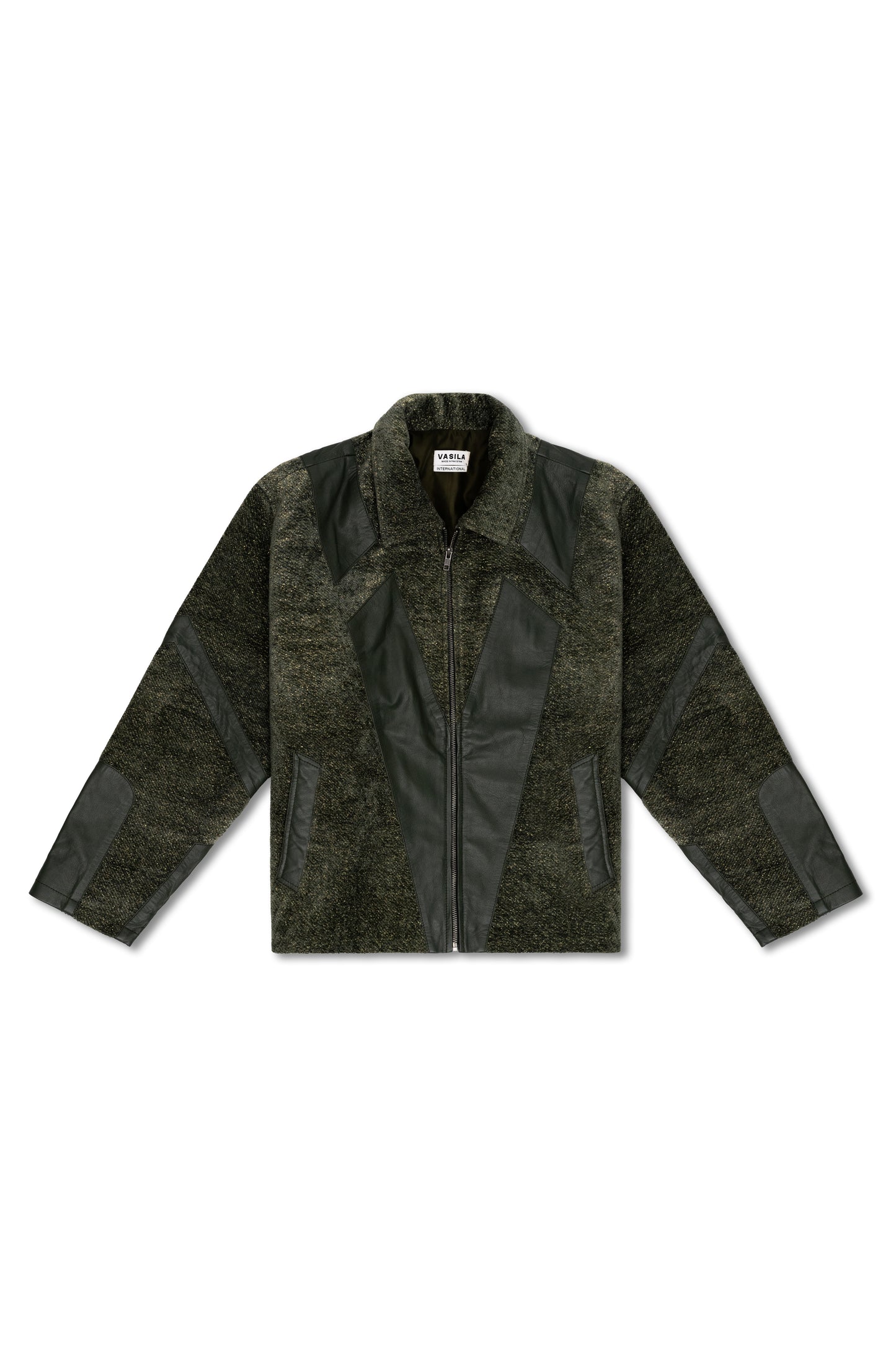"Lush Green Forest" Leather and Handwoven Fabric Jacket