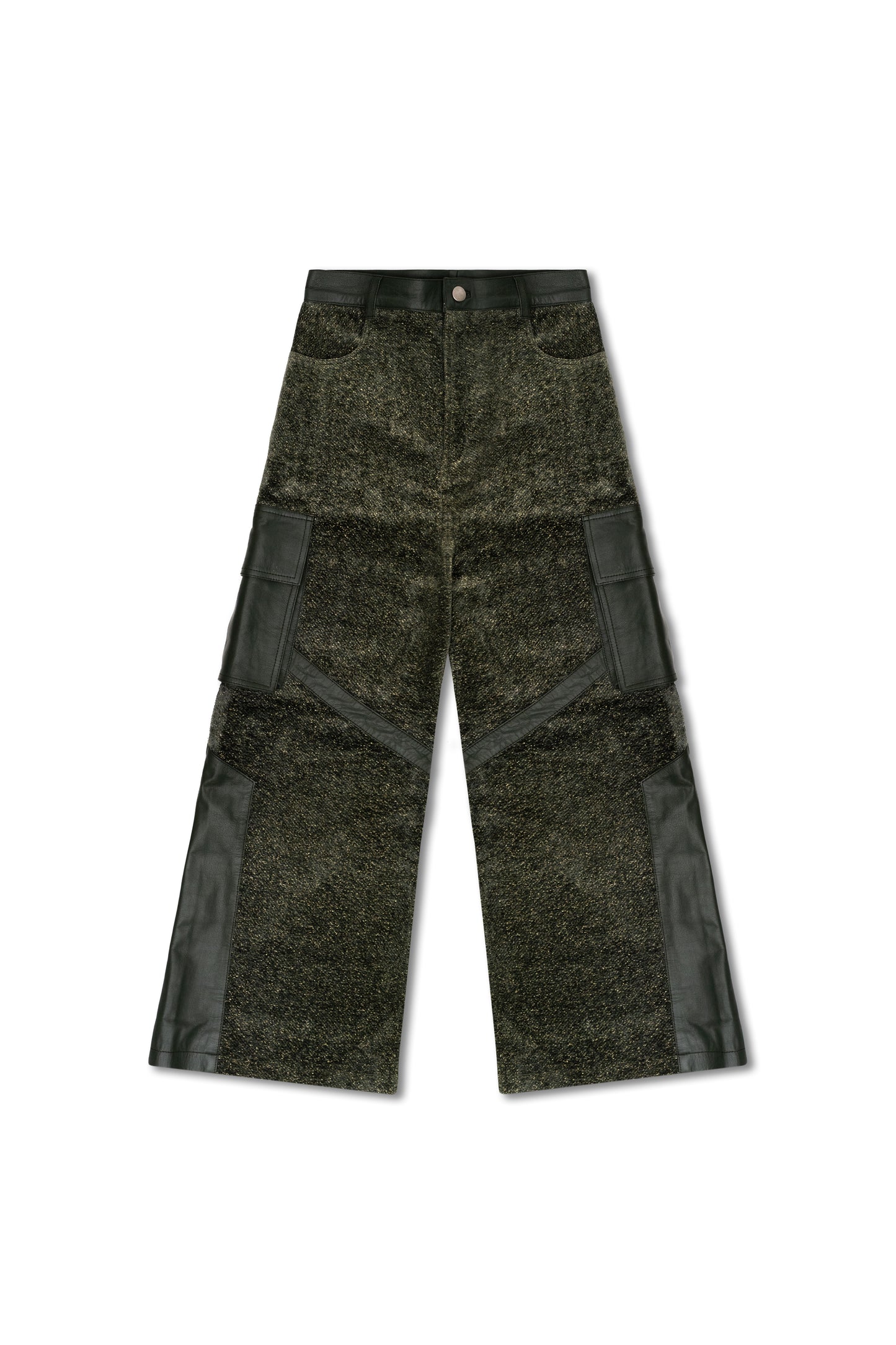 "Lush Green Forest" Leather and Handwoven Fabric Pants