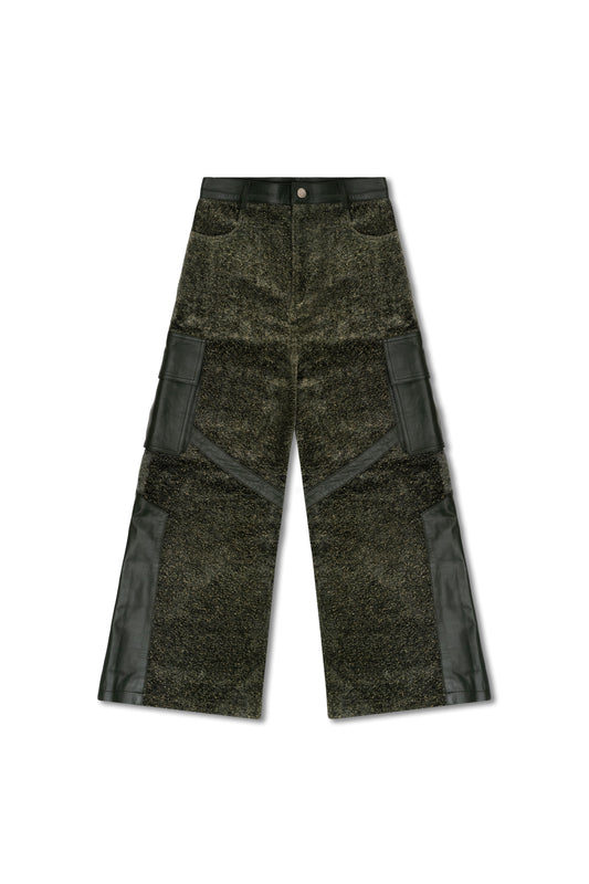 "Lush Green Forest" Leather and Handwoven Fabric Pants