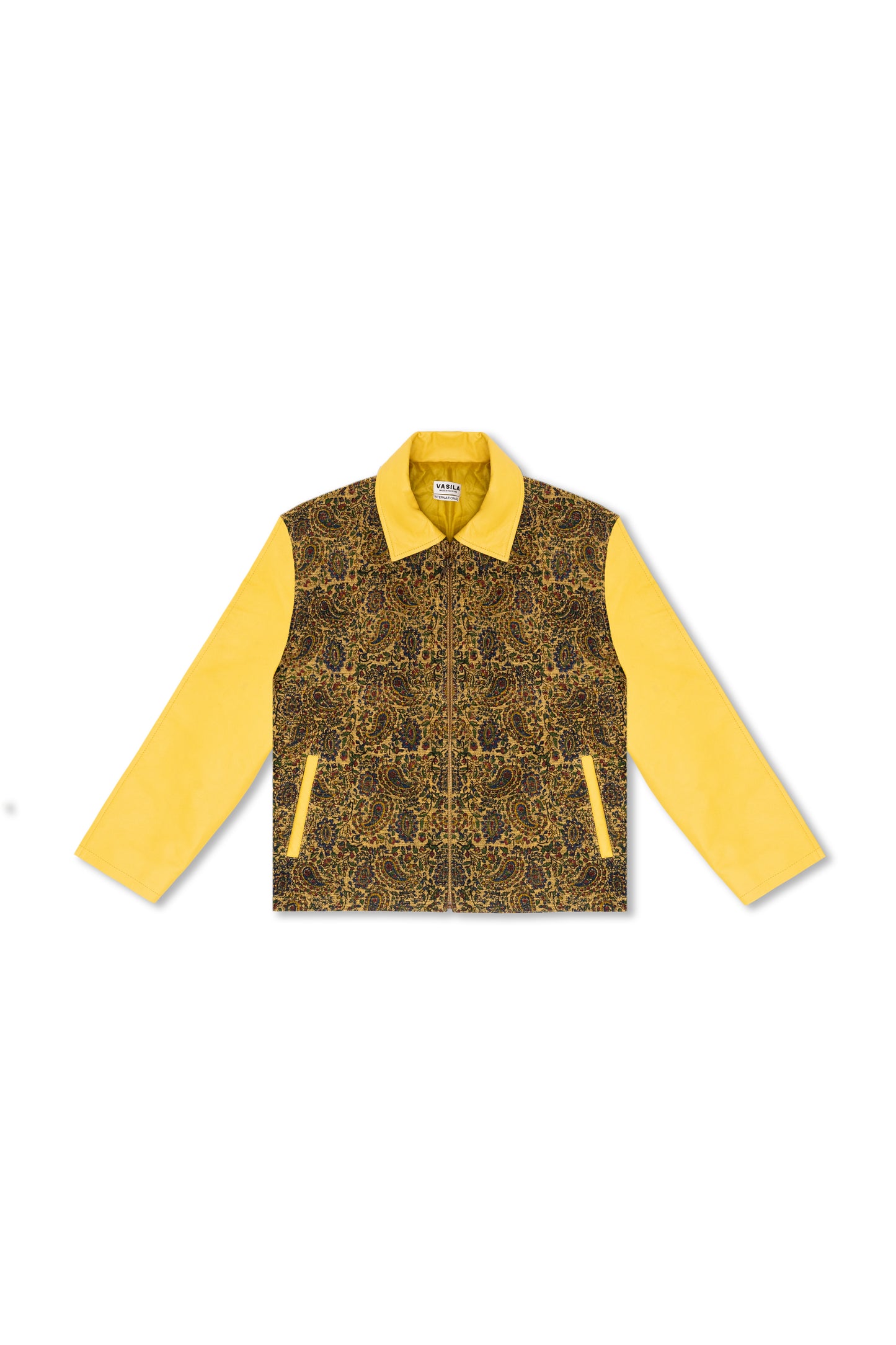 “Soleil Blaze” Leather and Handwoven Fabric Jacket