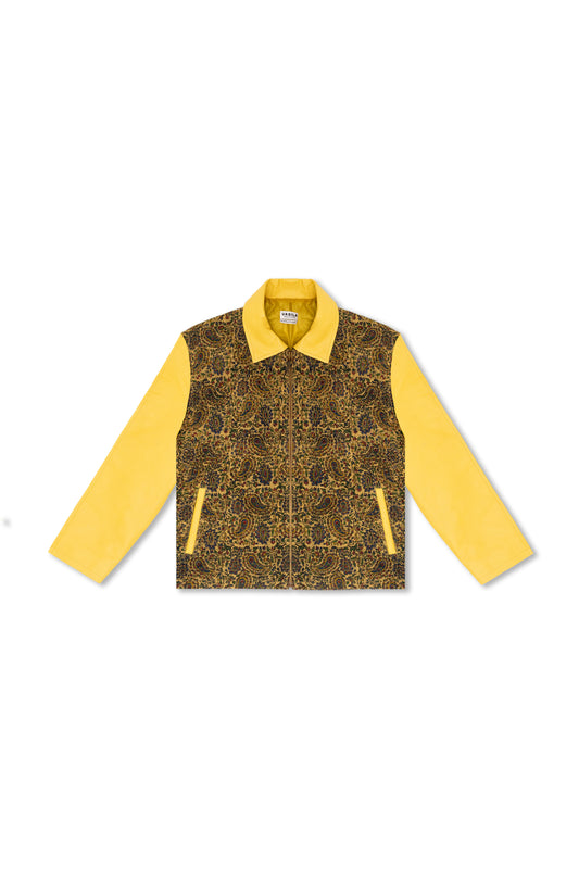 “Soleil Blaze” Leather and Handwoven Fabric Jacket