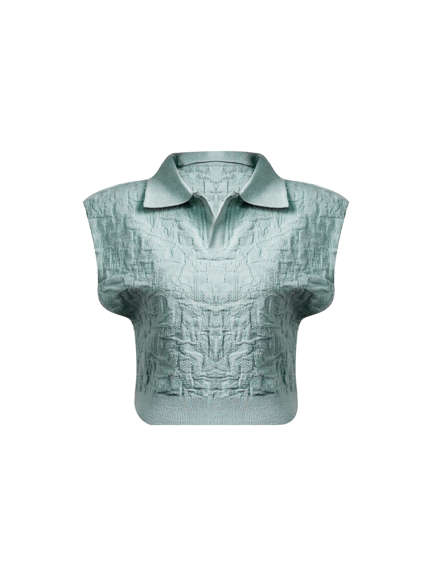Sea Green Knit Polo Crop Top - Jacquard