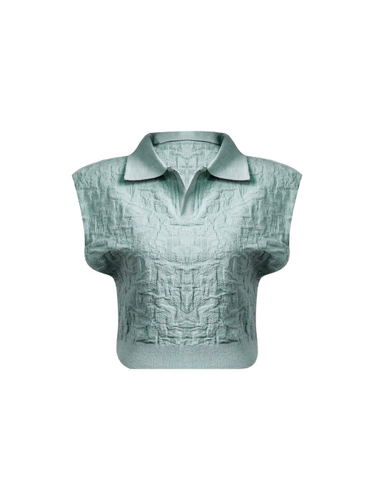 Sea Green Knit Polo Crop Top - Jacquard